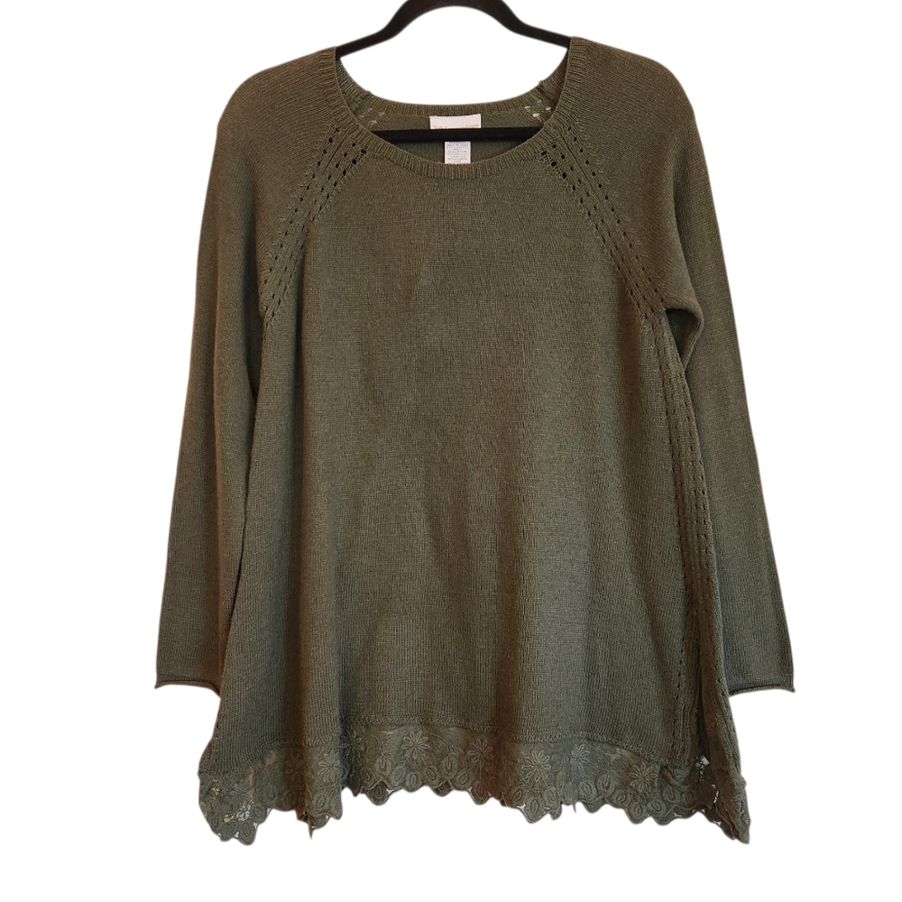 NWT Soft Surroundings Olive Green Lace Hem Pointelle Details Size S Rolled Cuff